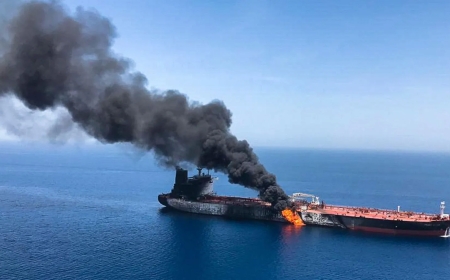 As the tanker crosses the Bab el-Mandeb Strait, it is "attacked by a cruise missile."