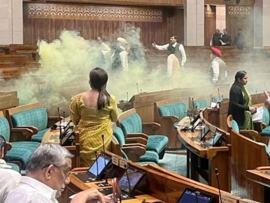 A man breaches significant security by jumping into the Indian Parliament and setting off a smoking can
