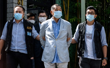Hong Kong businessman Jimmy Lai enters a not guilty plea
